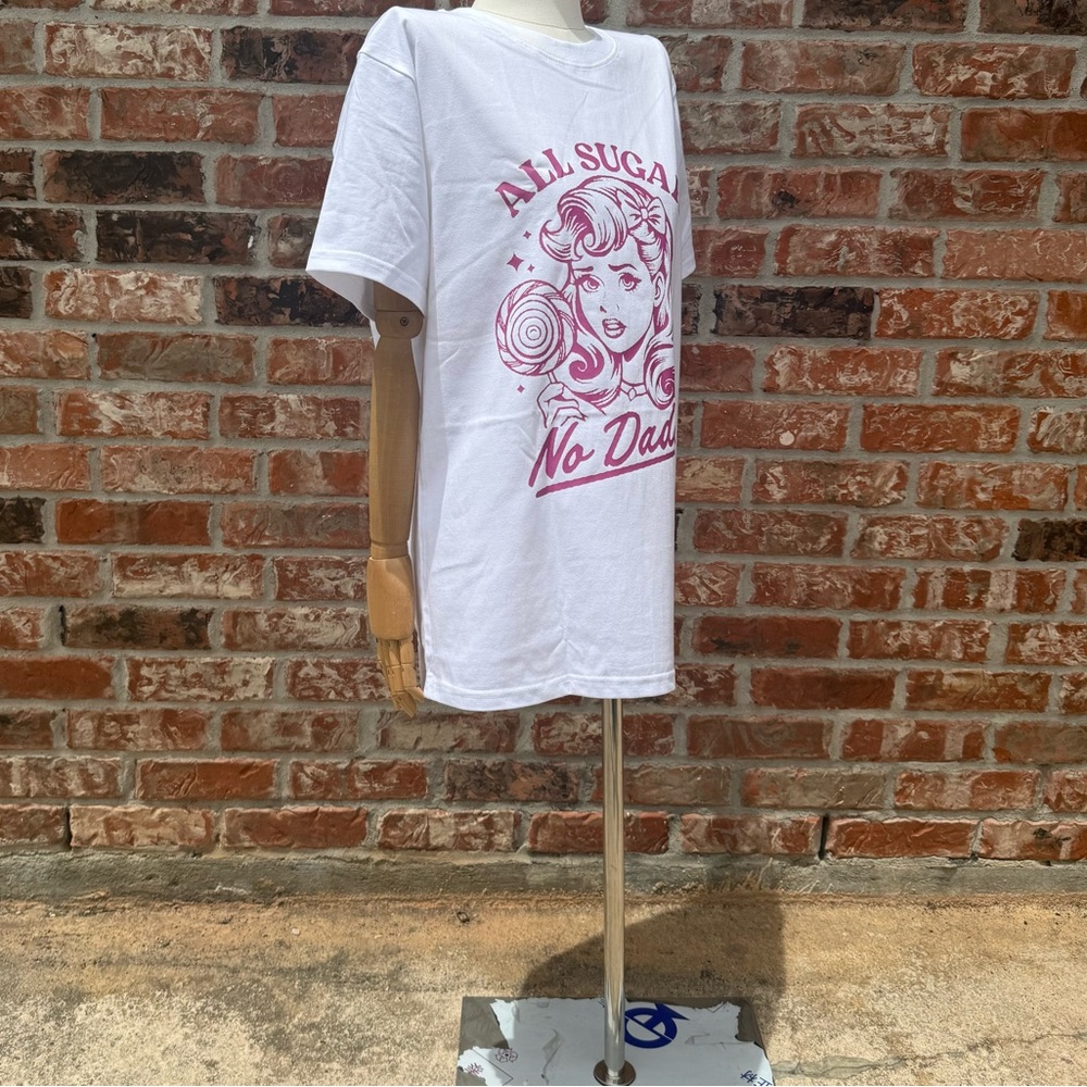 NWOT “All Sugar No Daddy” Retro Barbiecore White and Pink T Shirt /Avail in L - Picture 6 of 11